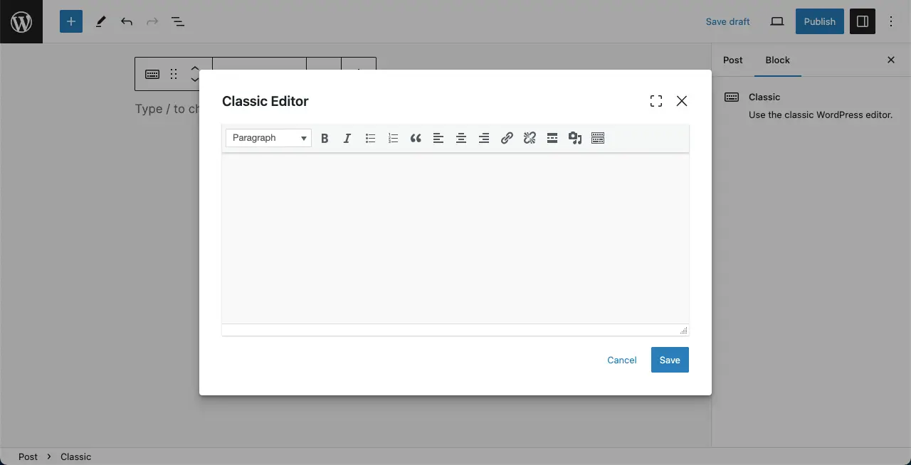 Classic editor is created with the WordPress Classic Block