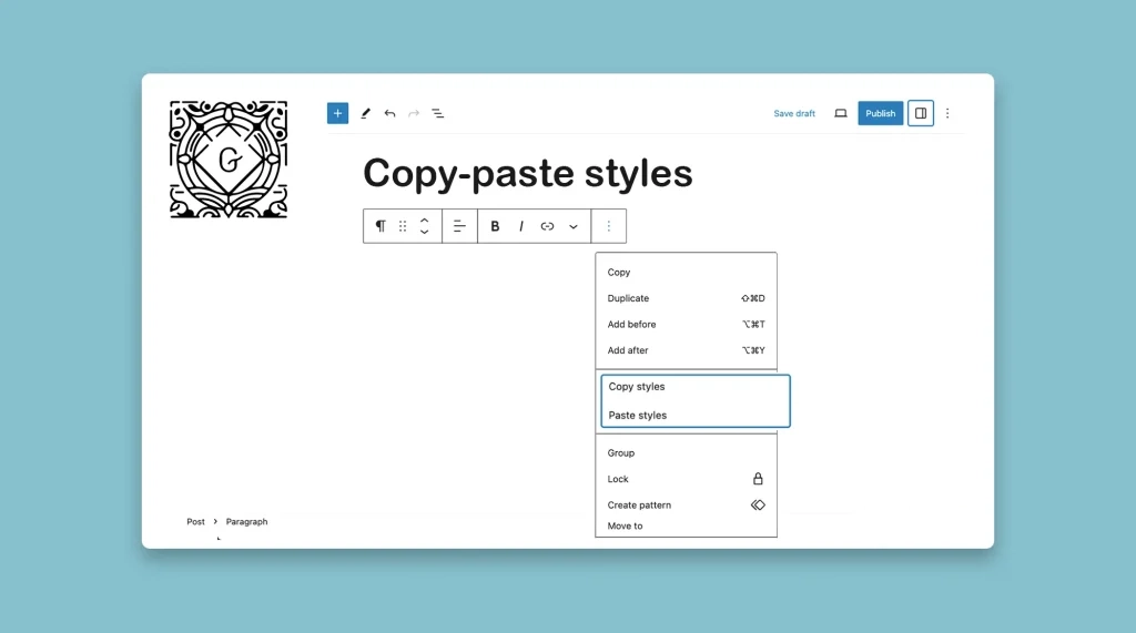How to copy paste styles in WordPress