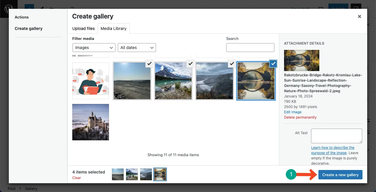 Select images from the media libraray and create a new gallery