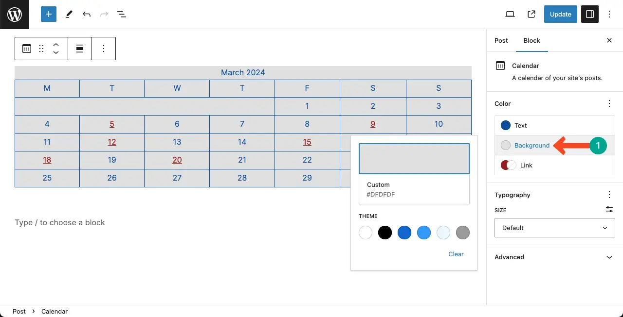 Apply a background color to the Calendar block
