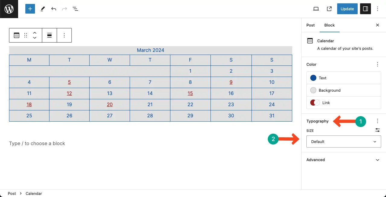 Change the typography and font size of the Calendar block