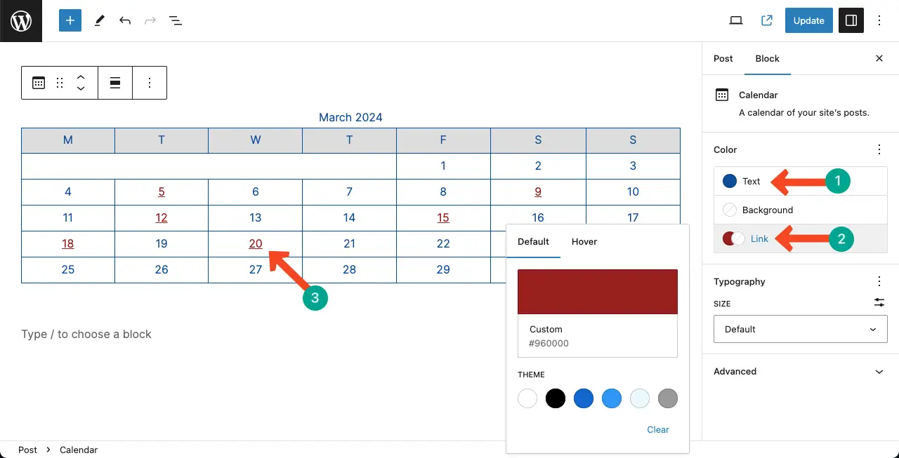 Colorize the calendar texts and its linked texts