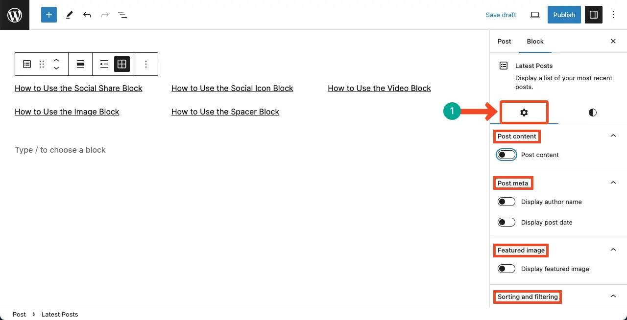 Customize the setting options of the Latest Posts block