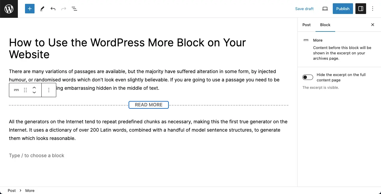The WordPress More block added to the editor