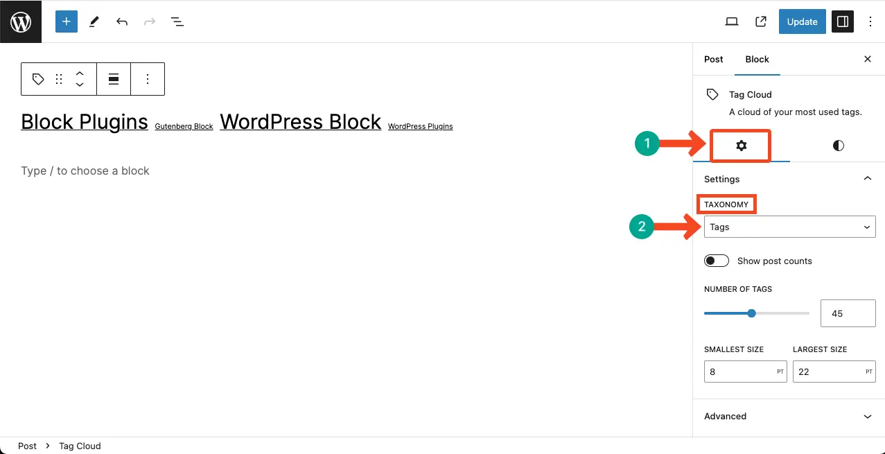 Show tags or categories with the Tag Cloud block