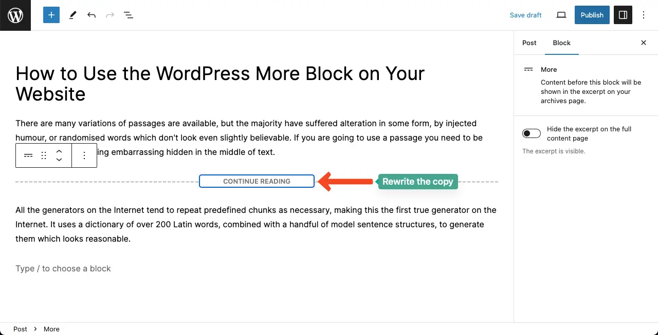 Rewrite copy for the WordPress More block