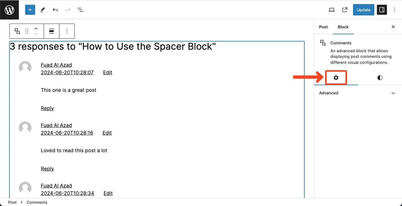 Configure Settings of the Comments block