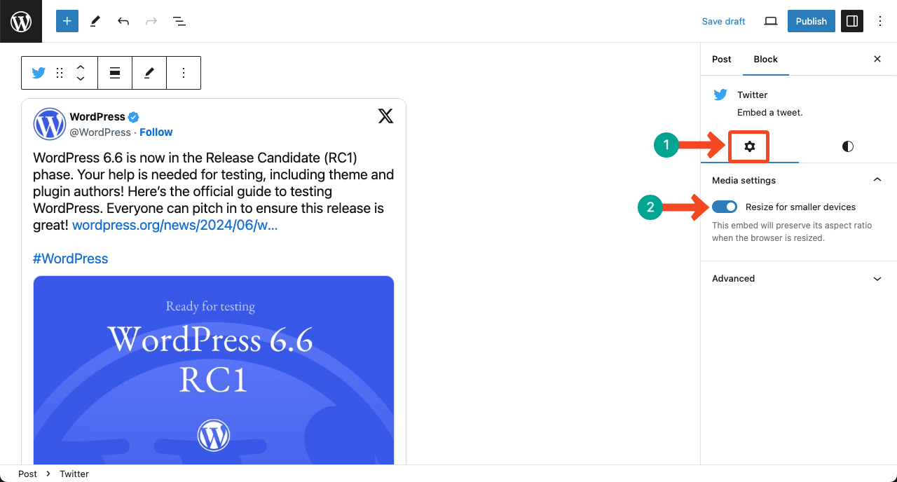 Configure settings of the WordPress Embed Block