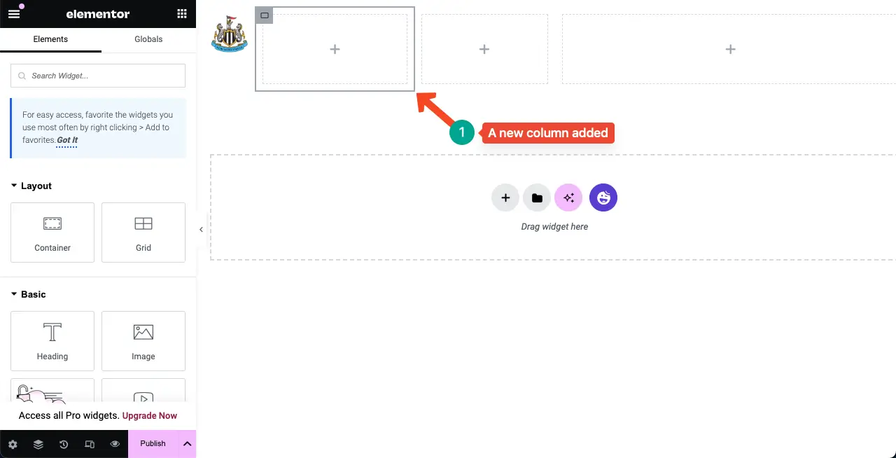 A new column is added in the Elementor section