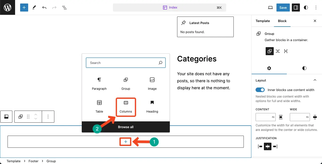 Add the Column block to the editor