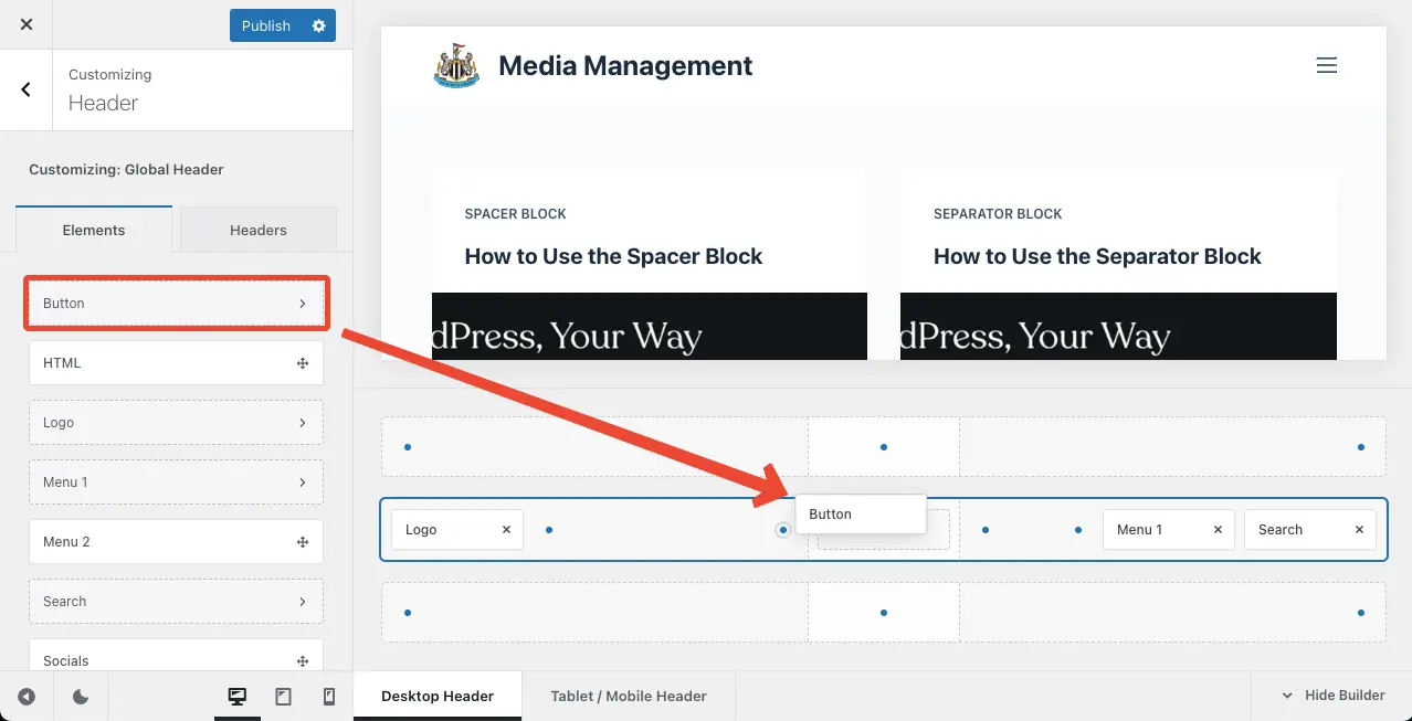 Drag and drop adding elements to the header