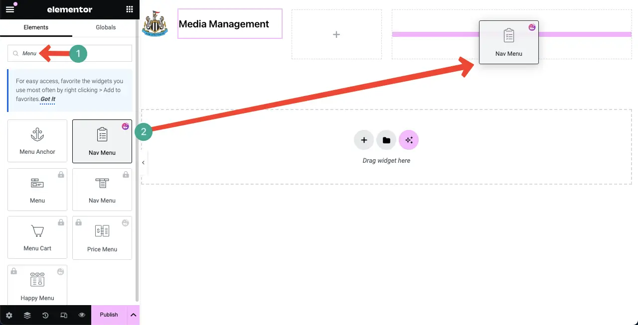Drag and drop the Nav Menu widget