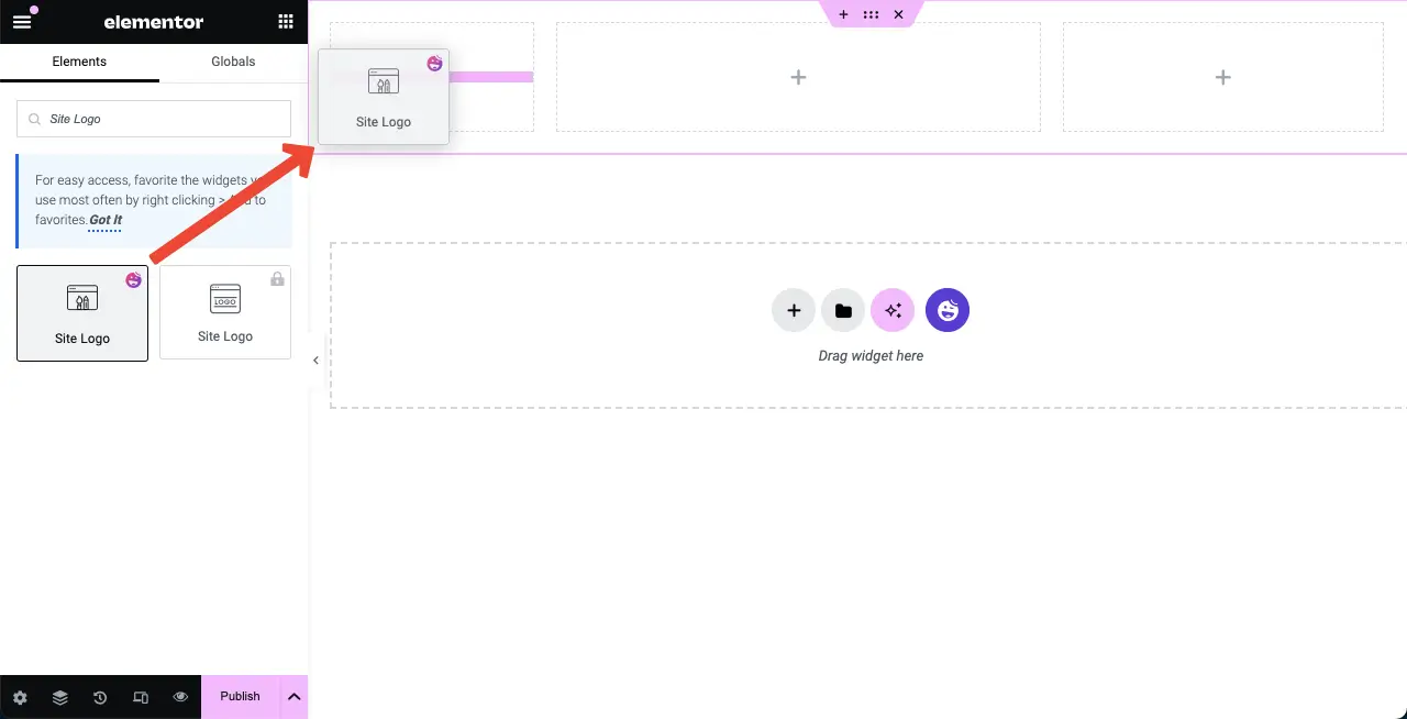 Drag and drop the Site Logo widget to Elementor Canvas