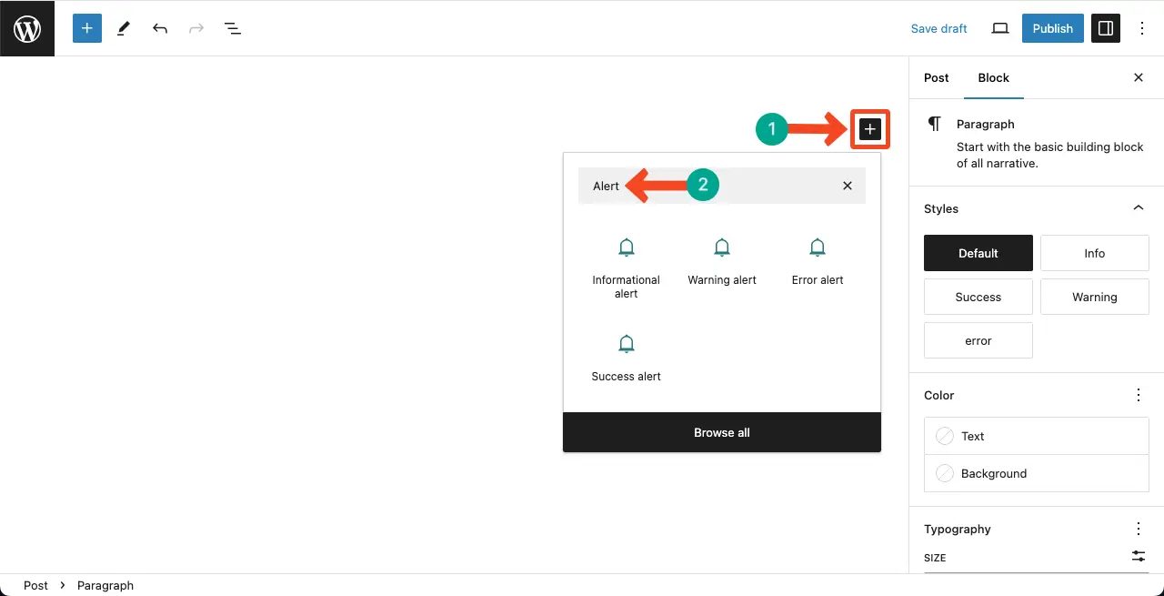 Find the Alert block of the CoBlocks plugin