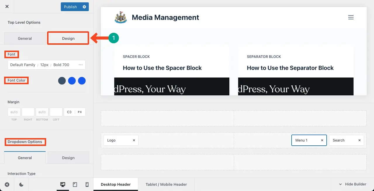 Go to the Design tab to customize the header menu