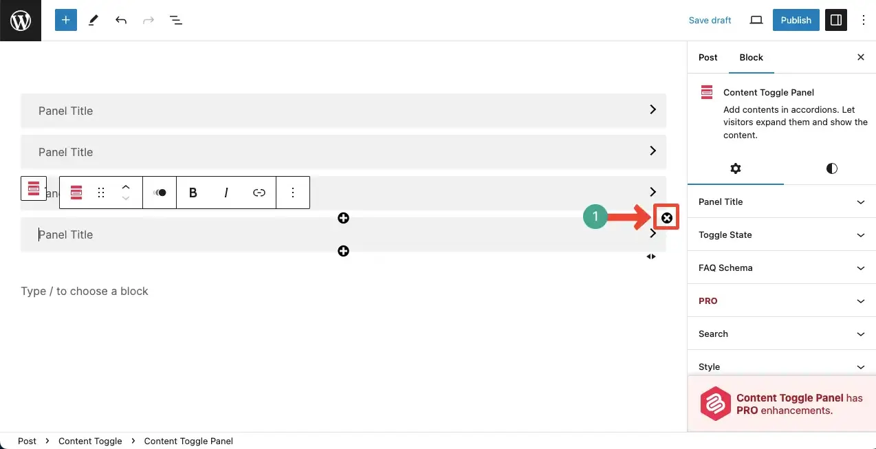 Remove a row from the accordion block