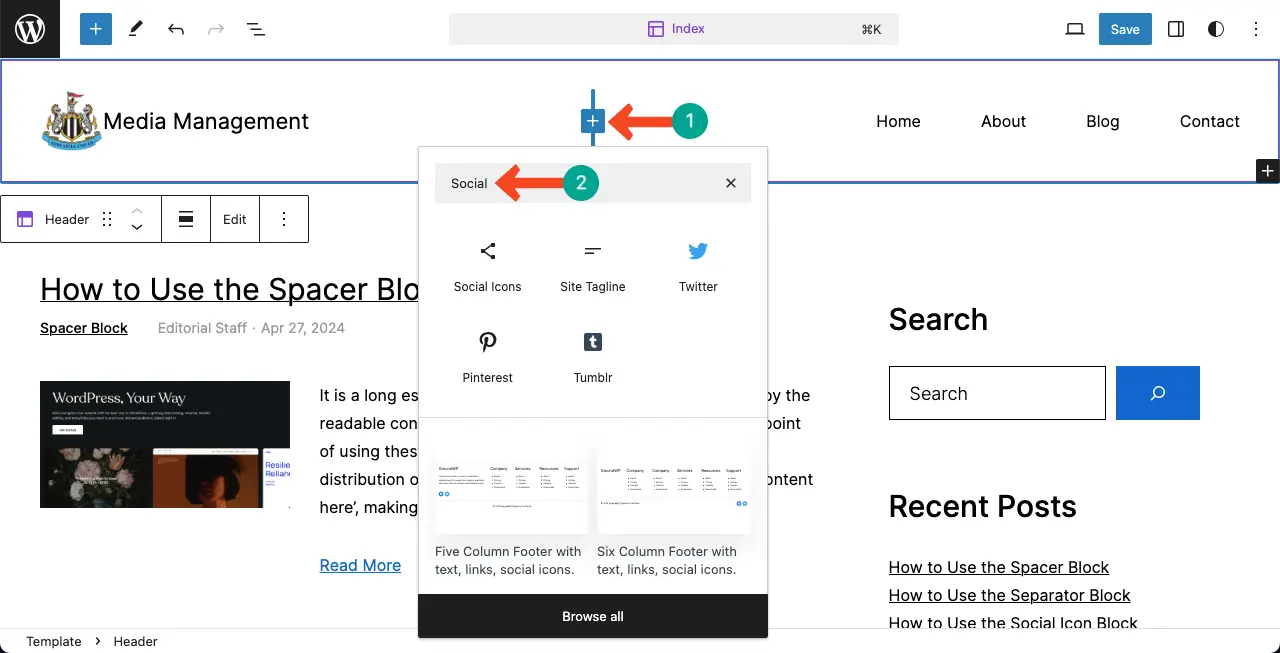 Search, find and add new element to the header