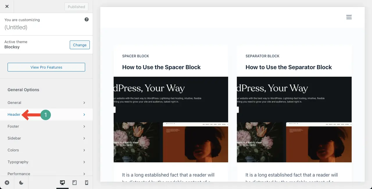 Select Header in the Theme Customizer