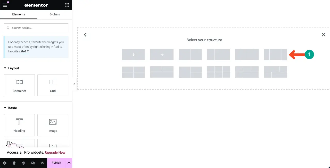 Select a section structure for Elementor