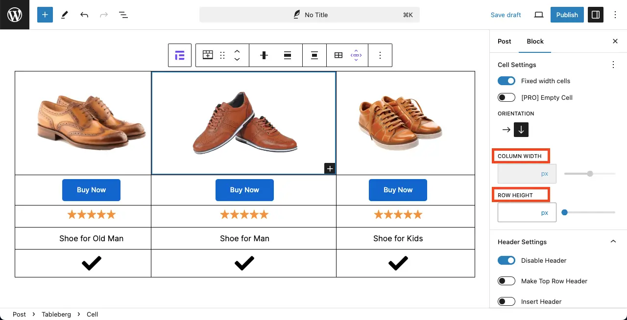 Change the Height and Width of the Rows and Columns with Tableberg