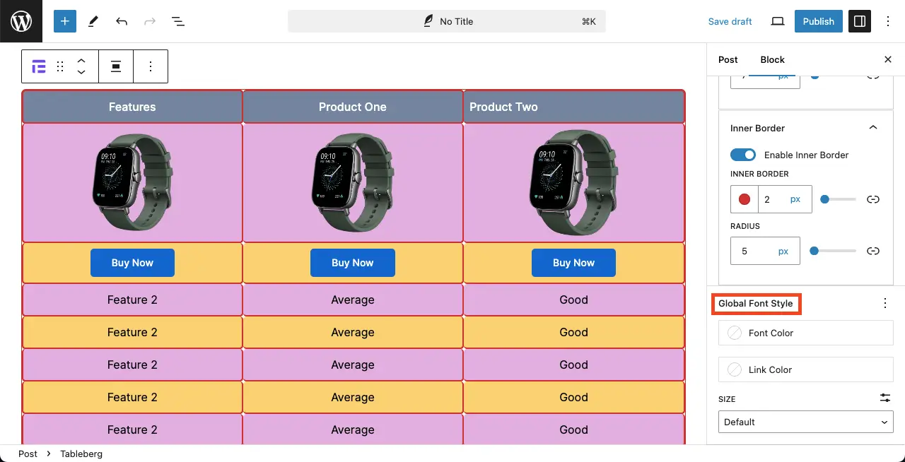 Global settings of the Tableberg plugin