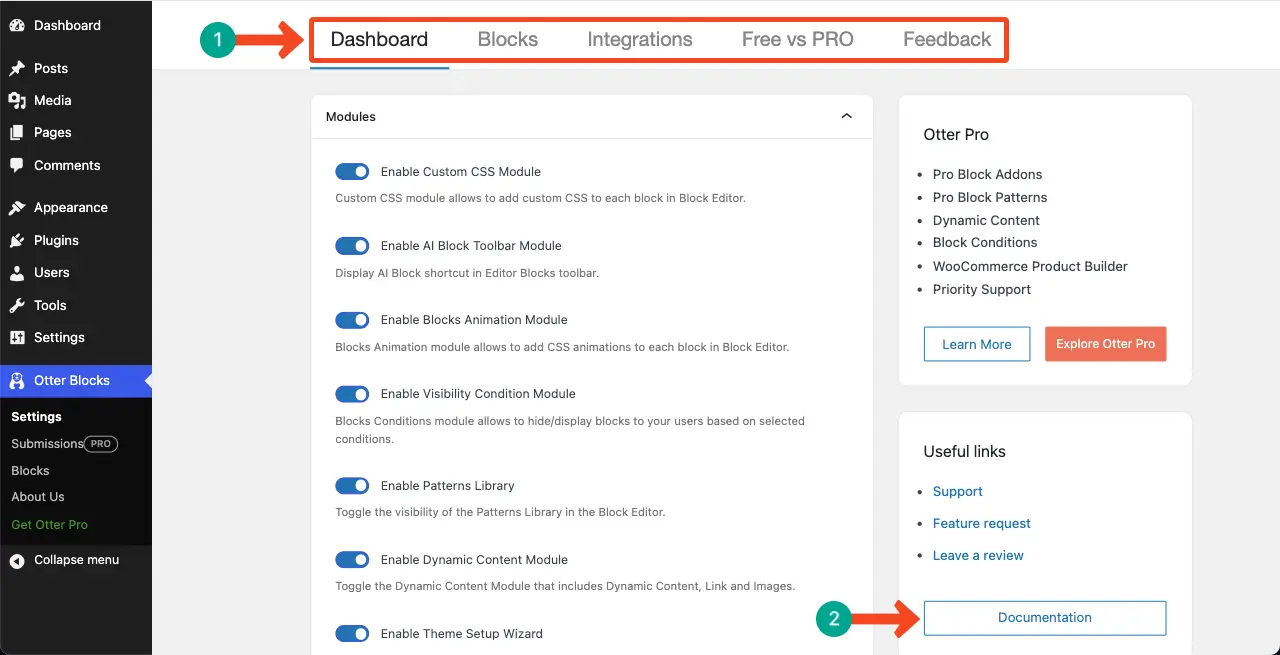 Intuitive dashboard of the Otter Blocks plugin