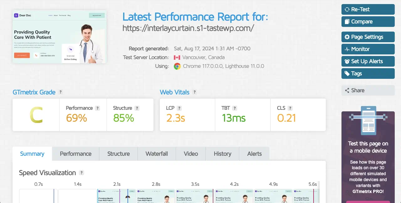 Page Loading Speed Measured by GTmatrix for a website created with Essential Blocks