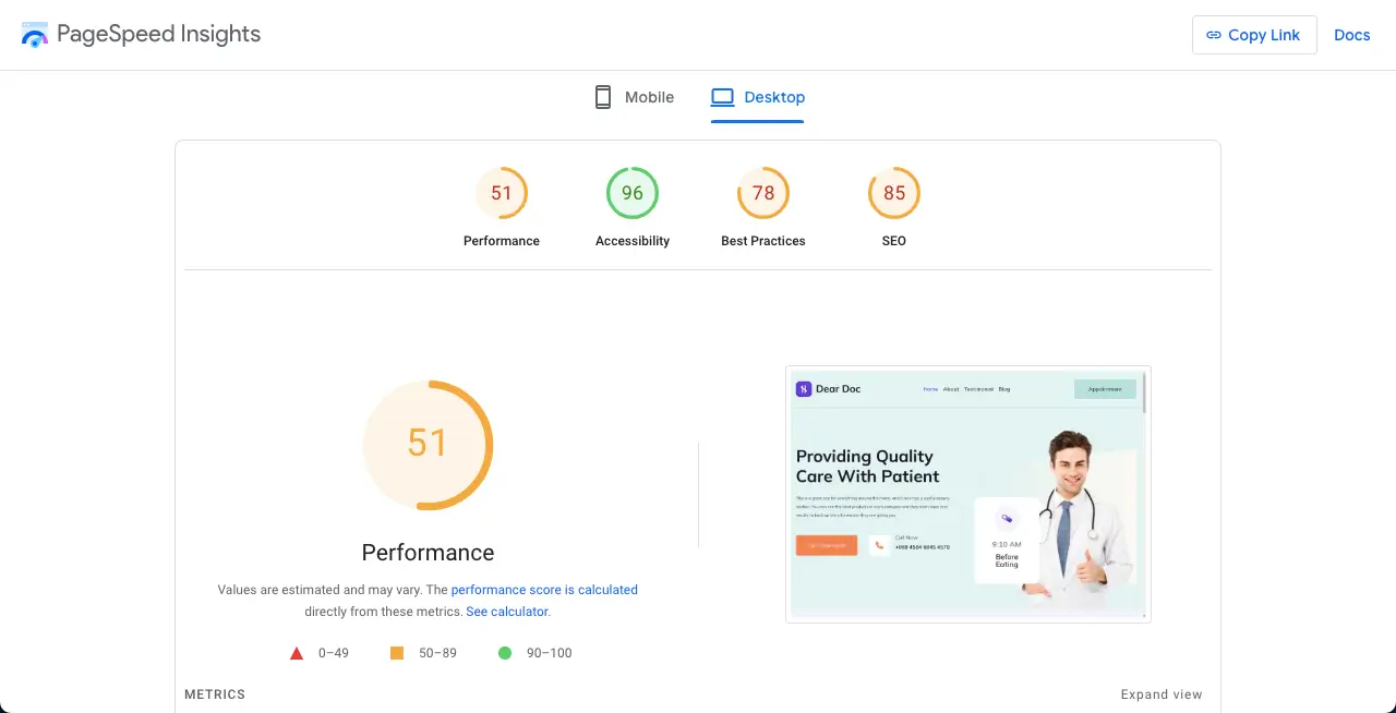 Page Loading Speed Measured by PageSpeed Insight for a website created with Essential Blocks in desktop