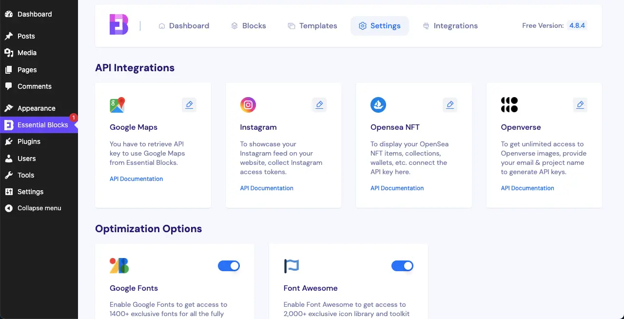 Settings and integrations of Essential Blocks