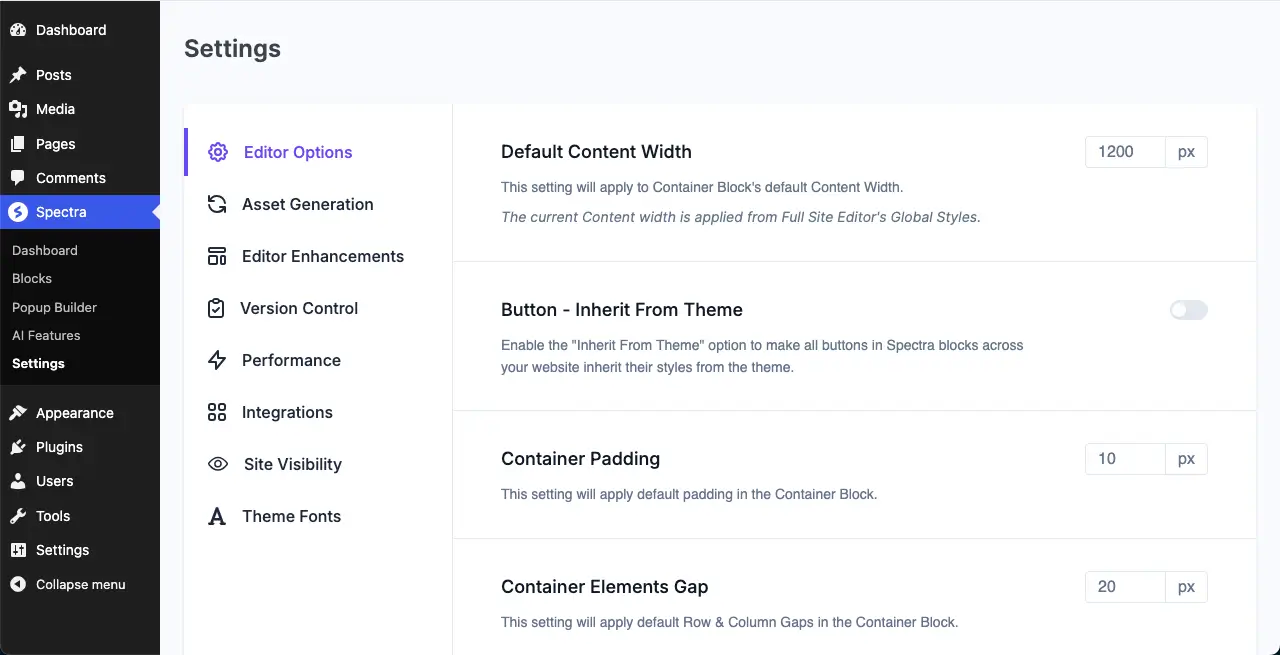 Settings of the Spectra Blocks plugin